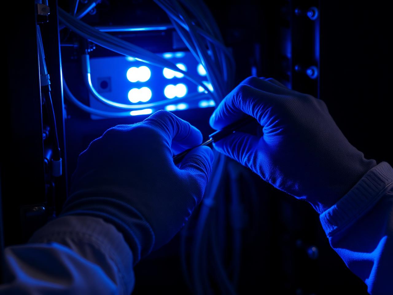 Engineer fusion splicing fibre inside a comms cabinet