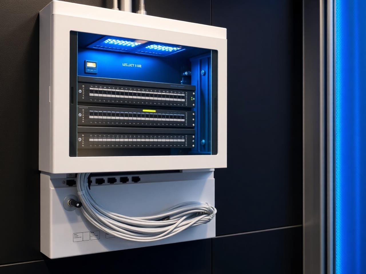 Wall-mounted office network cabinet with glowing switches and dressed cabling