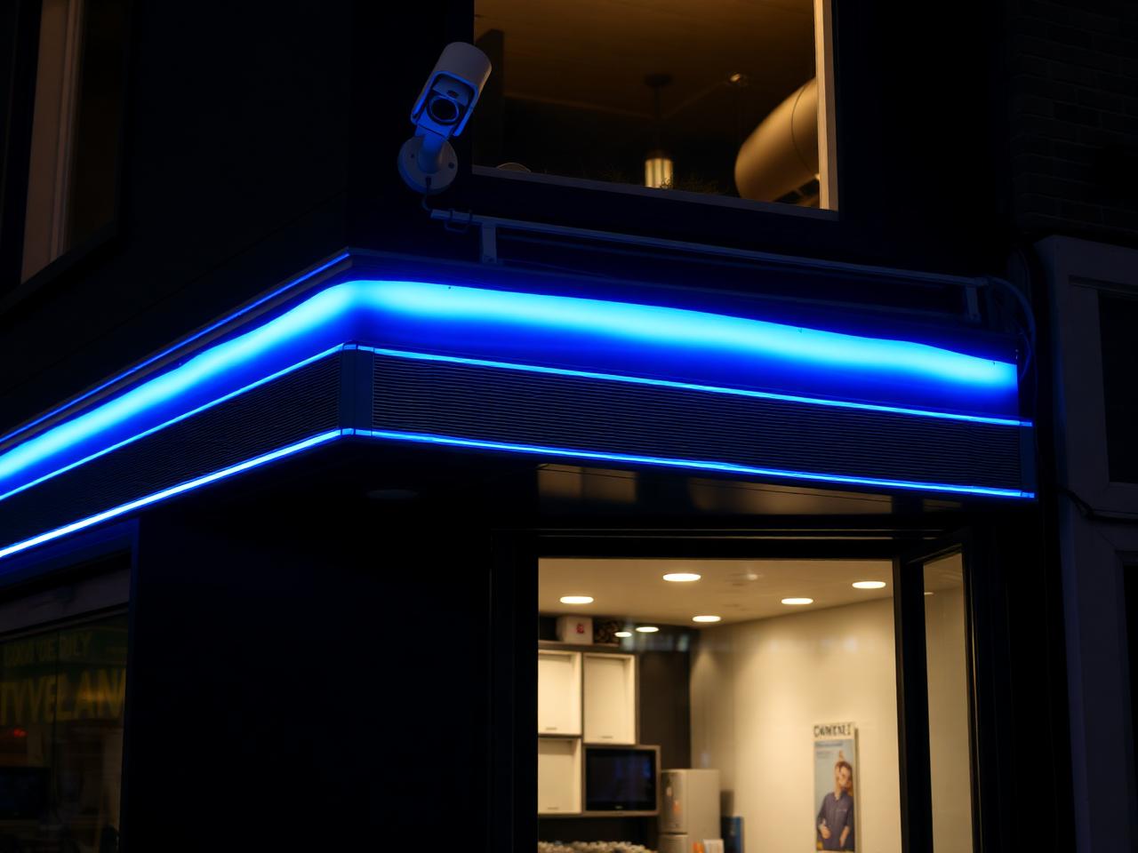 Retail unit exterior at night with discreet CCTV camera above the entrance
