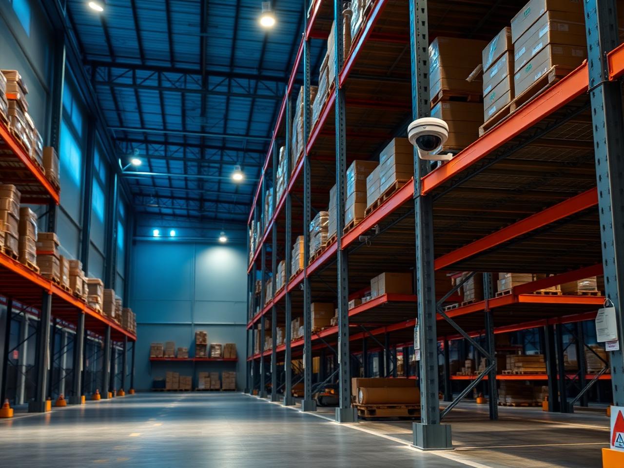 Distribution warehouse with CCTV coverage across loading bays and racking
