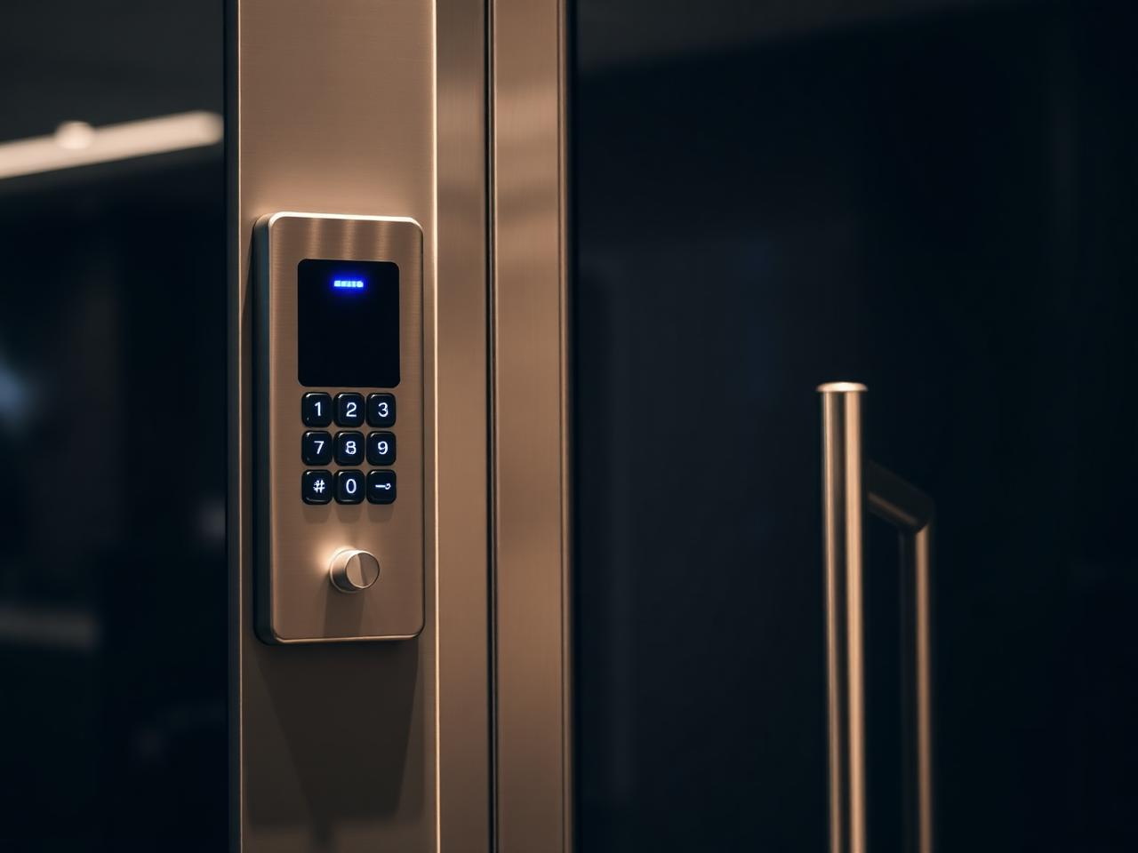 Modern keypad and fob reader installed beside a commercial glass door