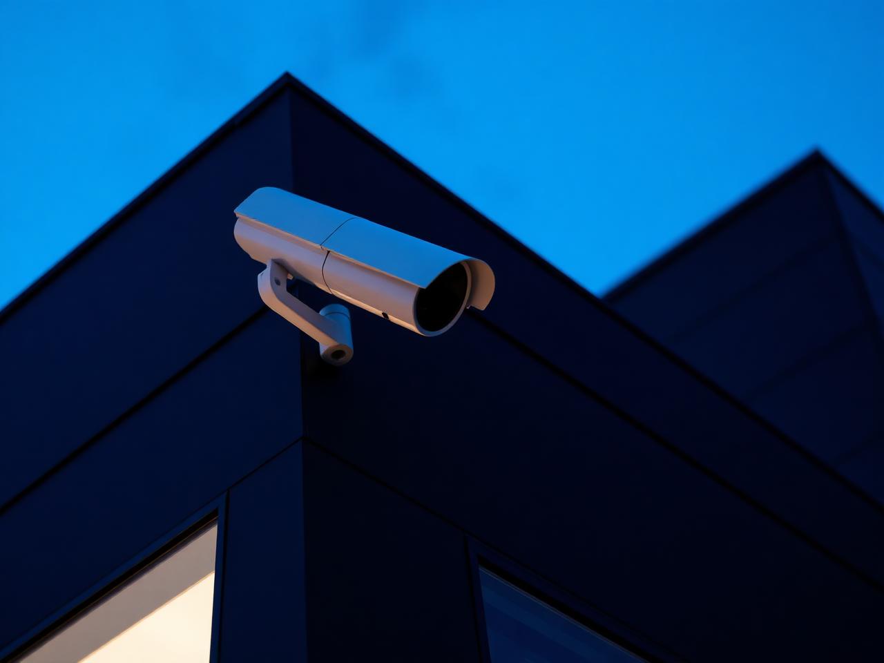 IP CCTV camera professionally mounted on a commercial building at dusk
