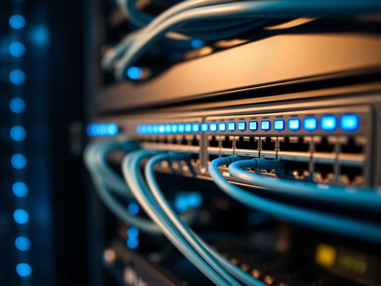 UniFi network switch with neatly patched cables and status lighting